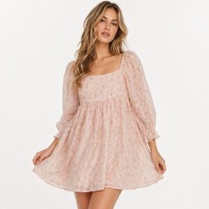 Thirty Thirty LA Pink Floral Eyelet Babydoll Mini Dress XS Puff Sleeve‎ Romantic